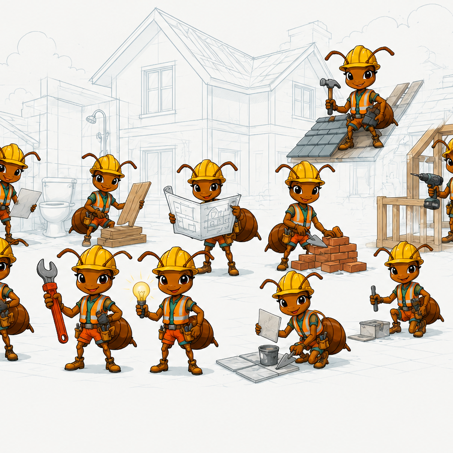 SkyBase Construct ant mascots at work on a construction site